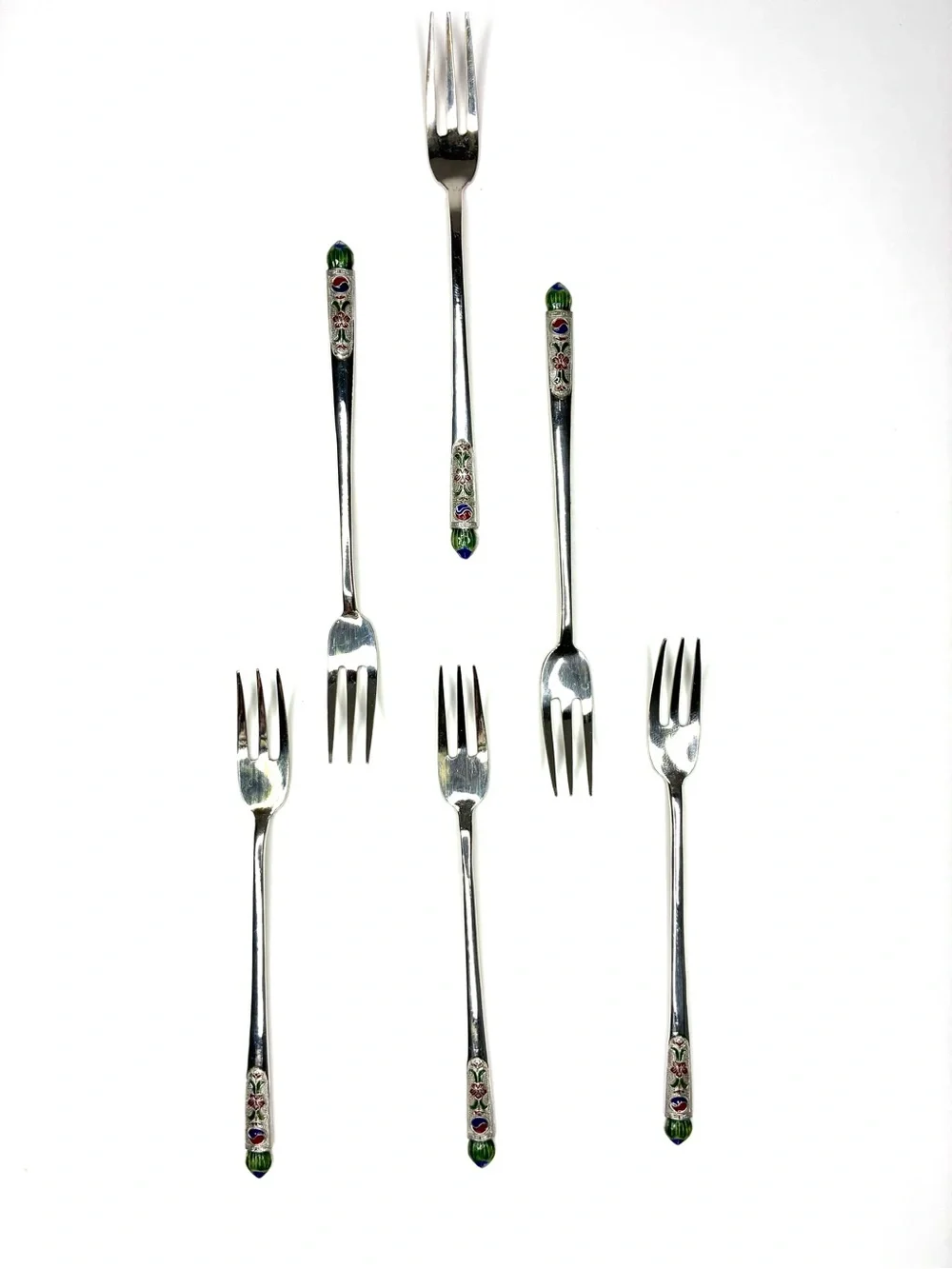 Vintage Korean Ag 700 Silver Enamel Chilbo Teatime Fruit Forks Set of 6